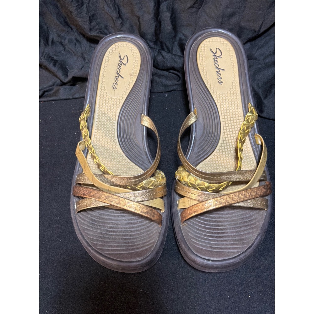 Skechers Womens Metallic Multi Strap Wedge Sandals Gold Bronze Size 9